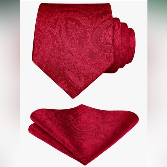 Hisdern Elegant Red Paisley Tie and Pocket Square Set - Picture 3 of 8